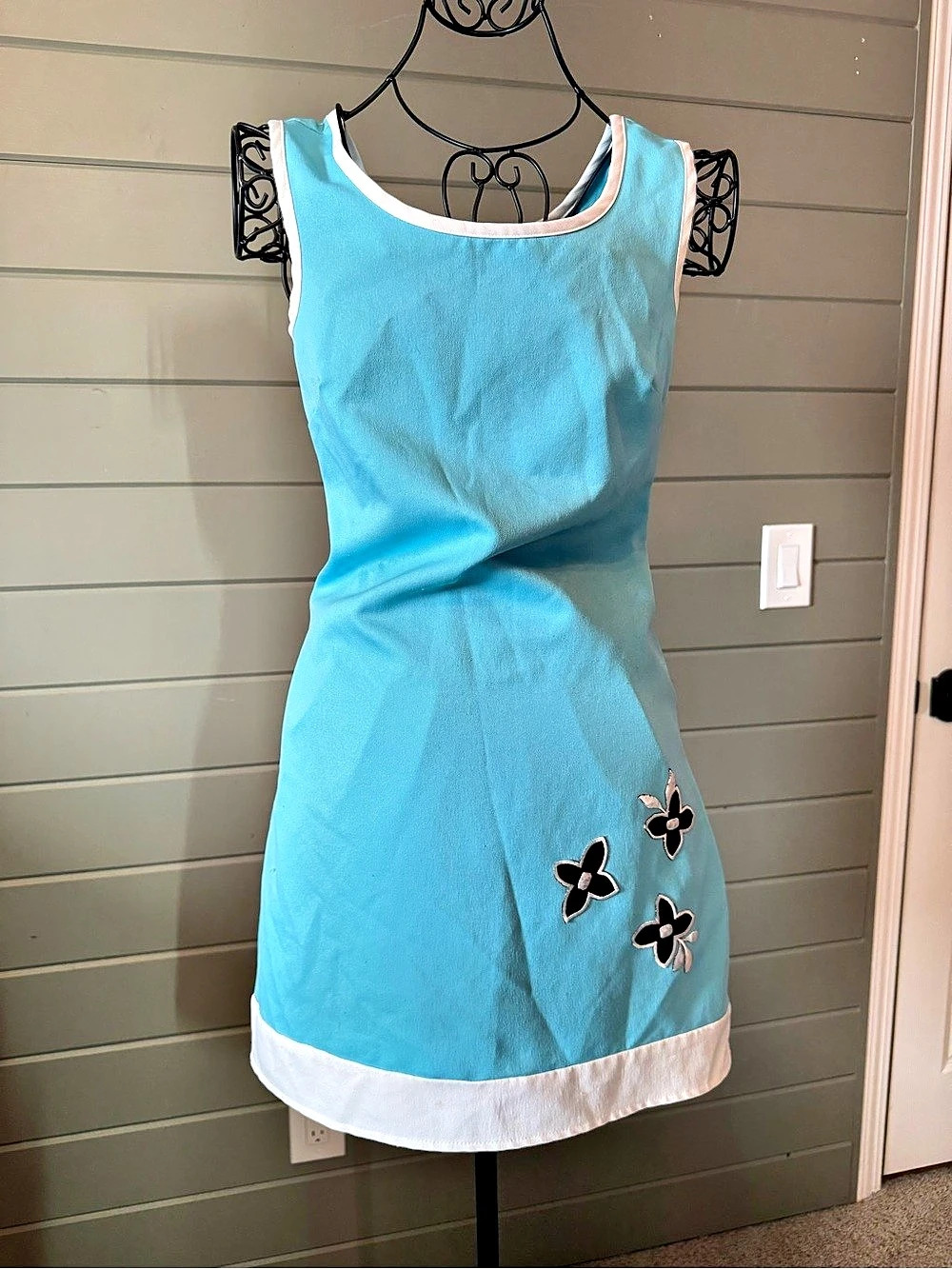 Vintage Terquoise Mini Floral Appliqué Dress Size Small
